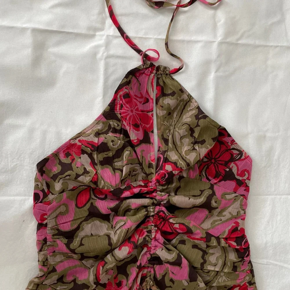 Free People Ruched Halter Floral Tank